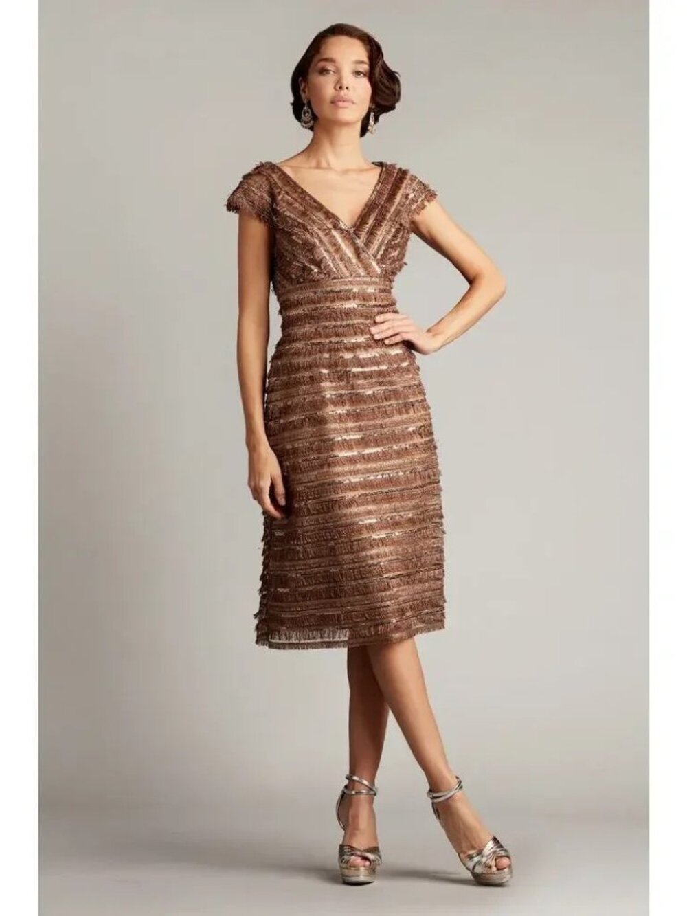 Tadashi Shoji Mocha Thora Silken Fringe Knee Length Sheath Cocktail Dress 12 NWT